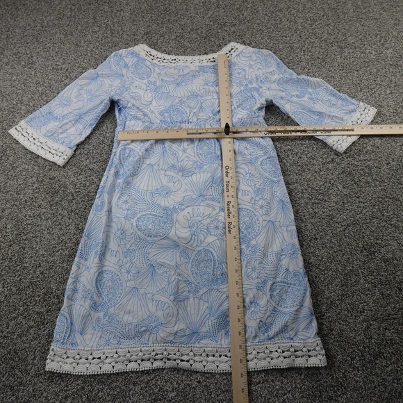 Lilly Pulitzer Dress Womens 10 White Blue Embroidered Sea Life Lace Trim V Neck - Picture 6 of 10